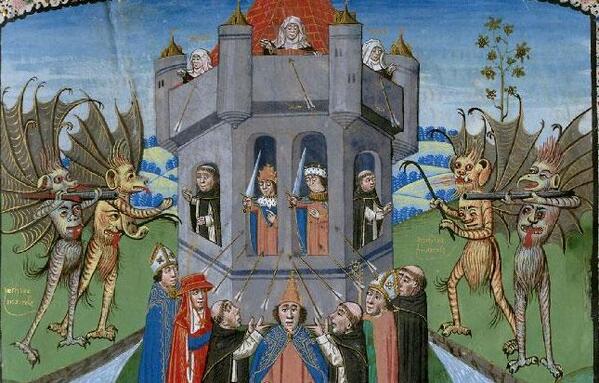 Demoni, eretici ed antipapi assediano la Chiesa di Dio, miniatura medioevale; un caro saluto a tutti gli ipovedenti e ciechi
