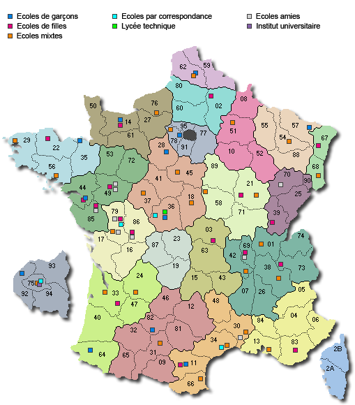 Cartina delle scuole della Fraternità in Francia